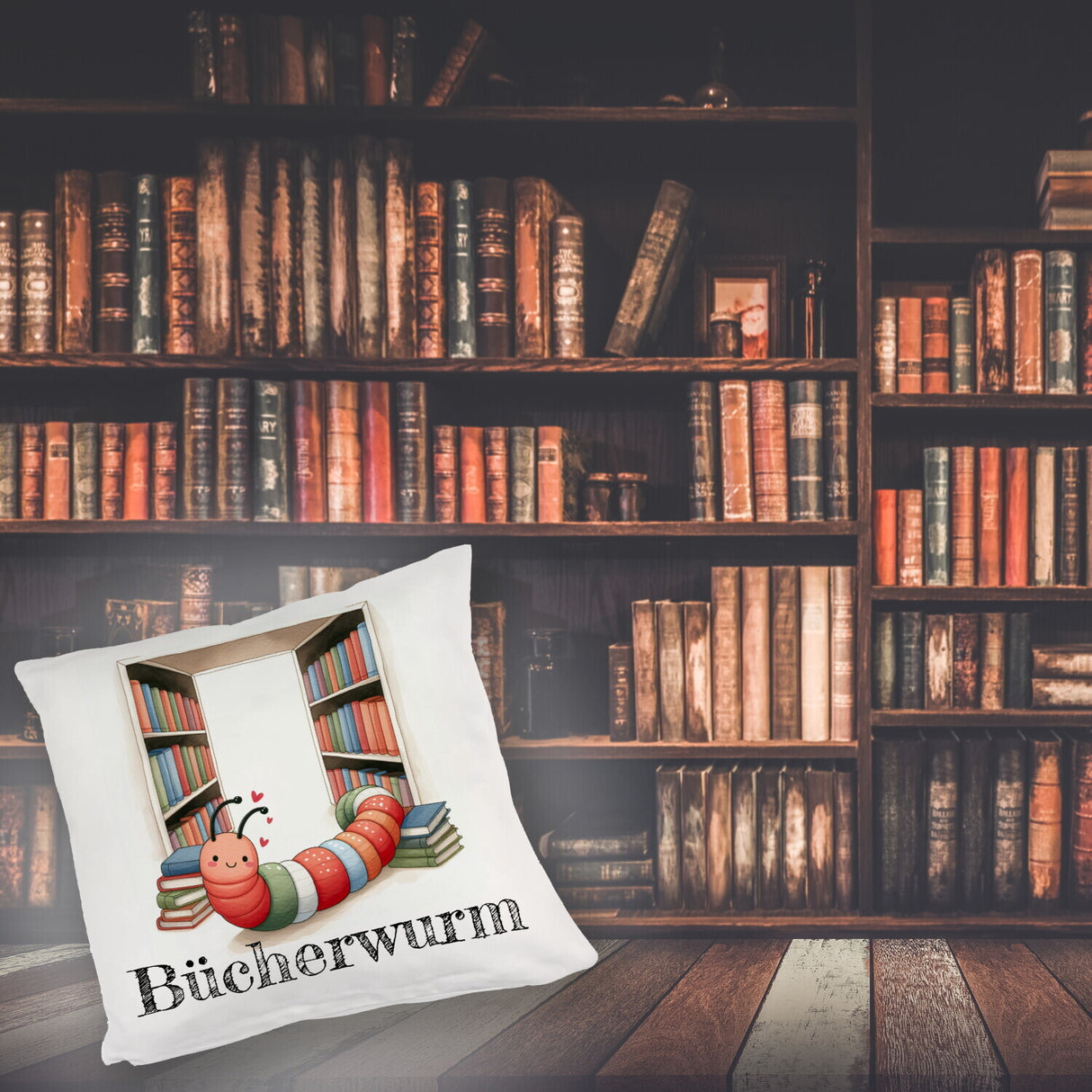 Bücherwurm Kissen mit Wurm in der Bibliothek