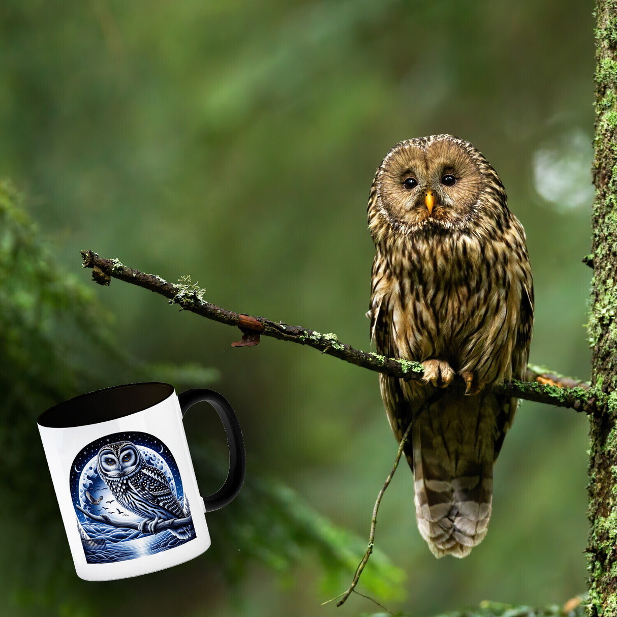 Eule auf einem Ast im Mondschein Kaffeebecher