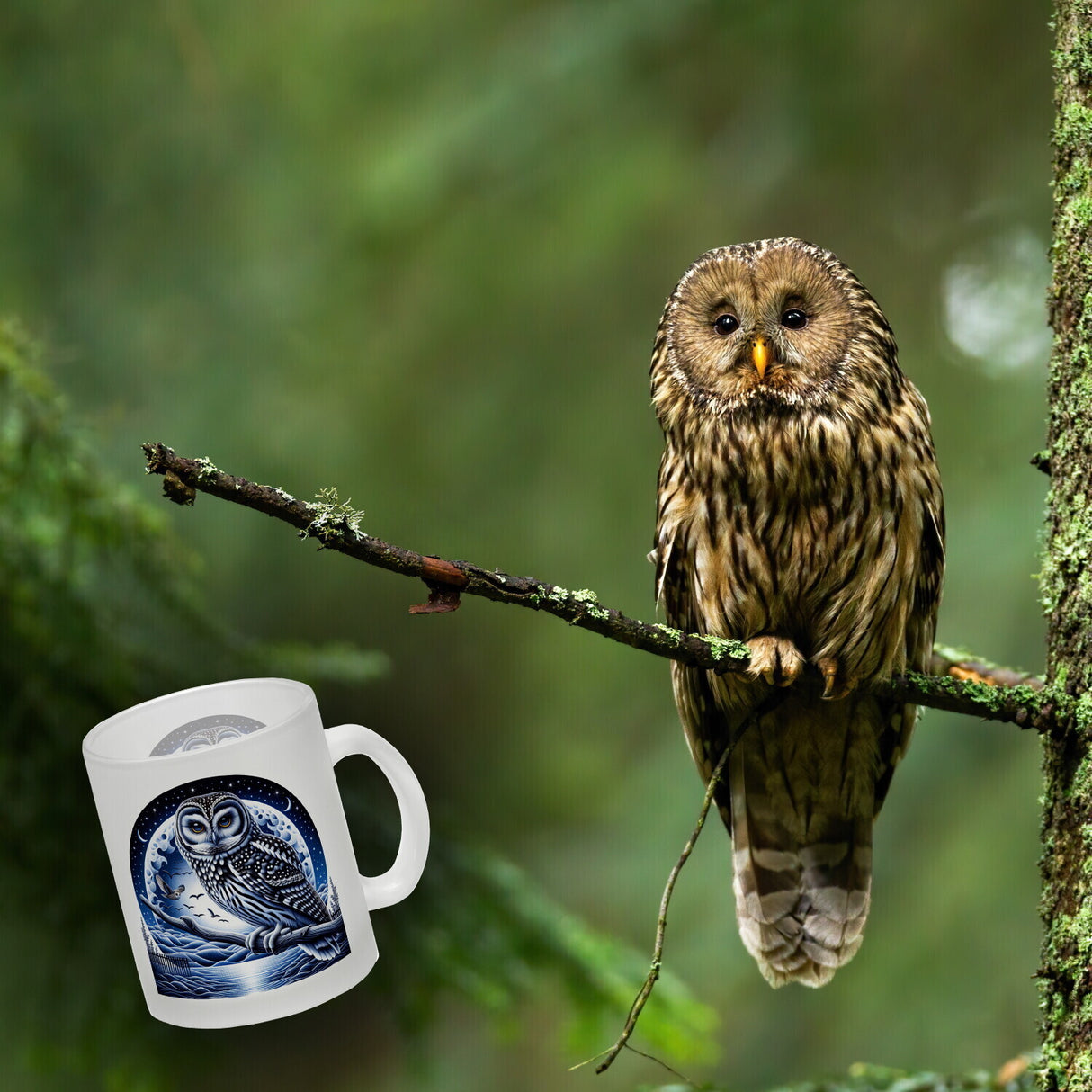 Eule auf einem Ast im Mondschein Kaffeebecher