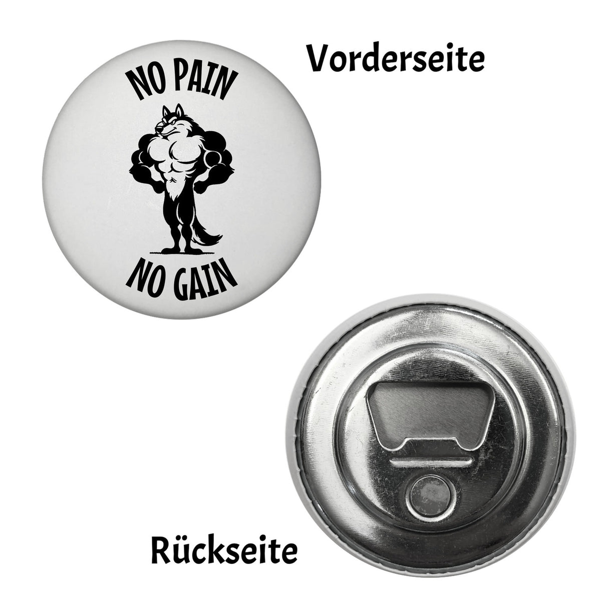 Muskulöser Fitness-Wolf Magnet rund rund mit Spruch NO PAIN NO GAIN