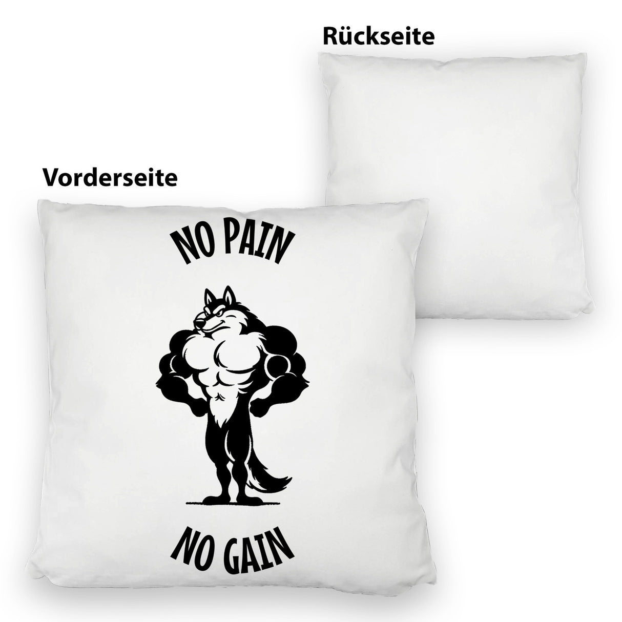Muskulöser Fitness-Wolf Kissen mit Spruch NO PAIN NO GAIN