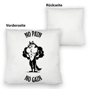 Muskulöser Fitness-Wolf Kissen mit Spruch NO PAIN NO GAIN
