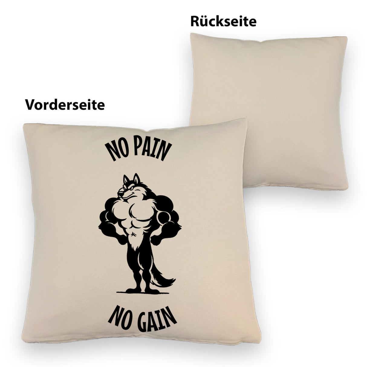 Muskulöser Fitness-Wolf Kissen mit Spruch NO PAIN NO GAIN