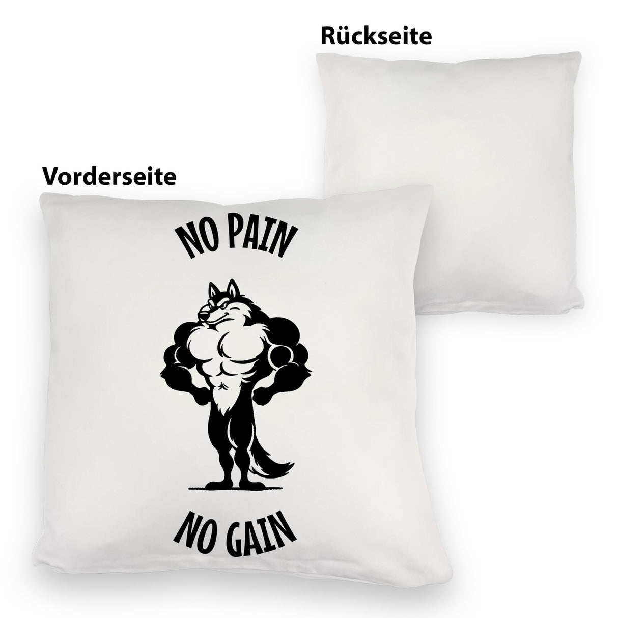 Muskulöser Fitness-Wolf Kissen mit Spruch NO PAIN NO GAIN