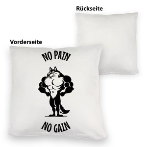 Muskulöser Fitness-Wolf Kissen mit Spruch NO PAIN NO GAIN