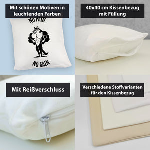 Muskulöser Fitness-Wolf Kissen mit Spruch NO PAIN NO GAIN