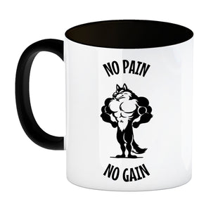 Muskulöser Fitness-Wolf Kaffeebecher mit Spruch NO PAIN NO GAIN