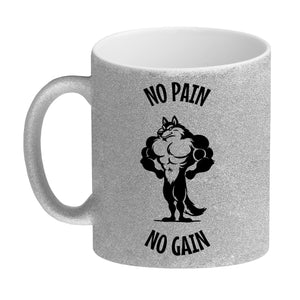 Muskulöser Fitness-Wolf Kaffeebecher mit Spruch NO PAIN NO GAIN