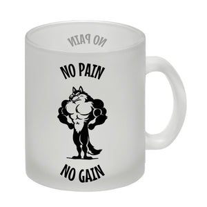 Muskulöser Fitness-Wolf Kaffeebecher mit Spruch NO PAIN NO GAIN