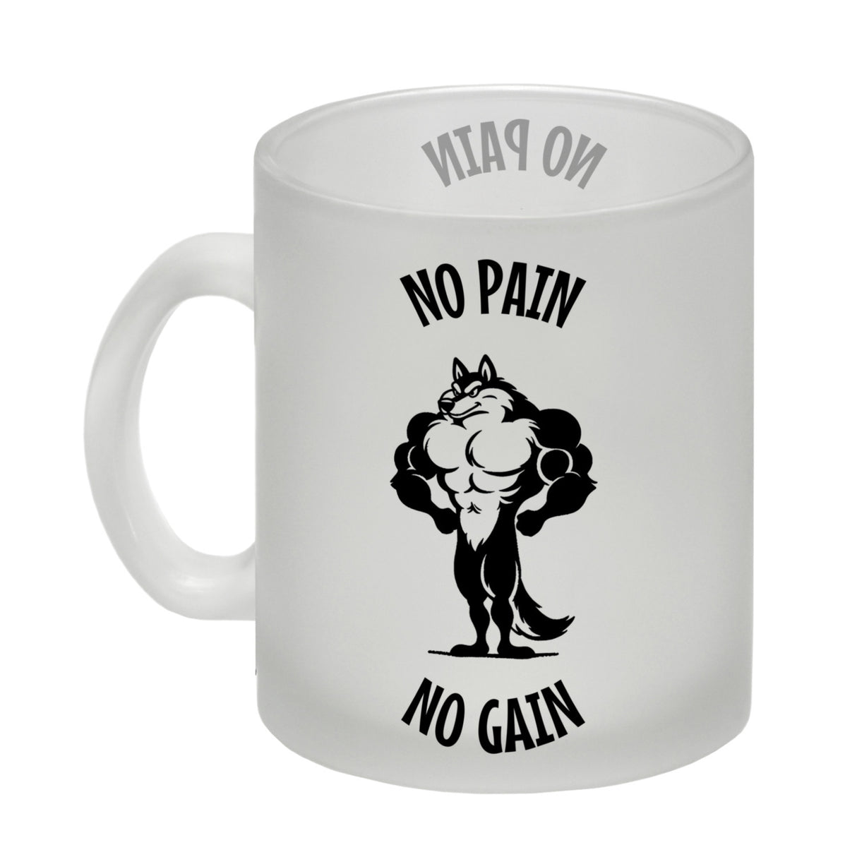 Muskulöser Fitness-Wolf Kaffeebecher mit Spruch NO PAIN NO GAIN