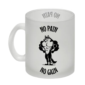 Muskulöser Fitness-Wolf Kaffeebecher mit Spruch NO PAIN NO GAIN