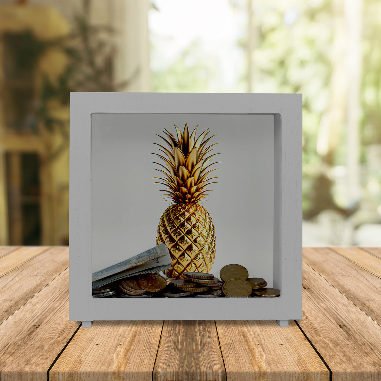 Goldene Ananas auf weißem Hintergrund Spardose