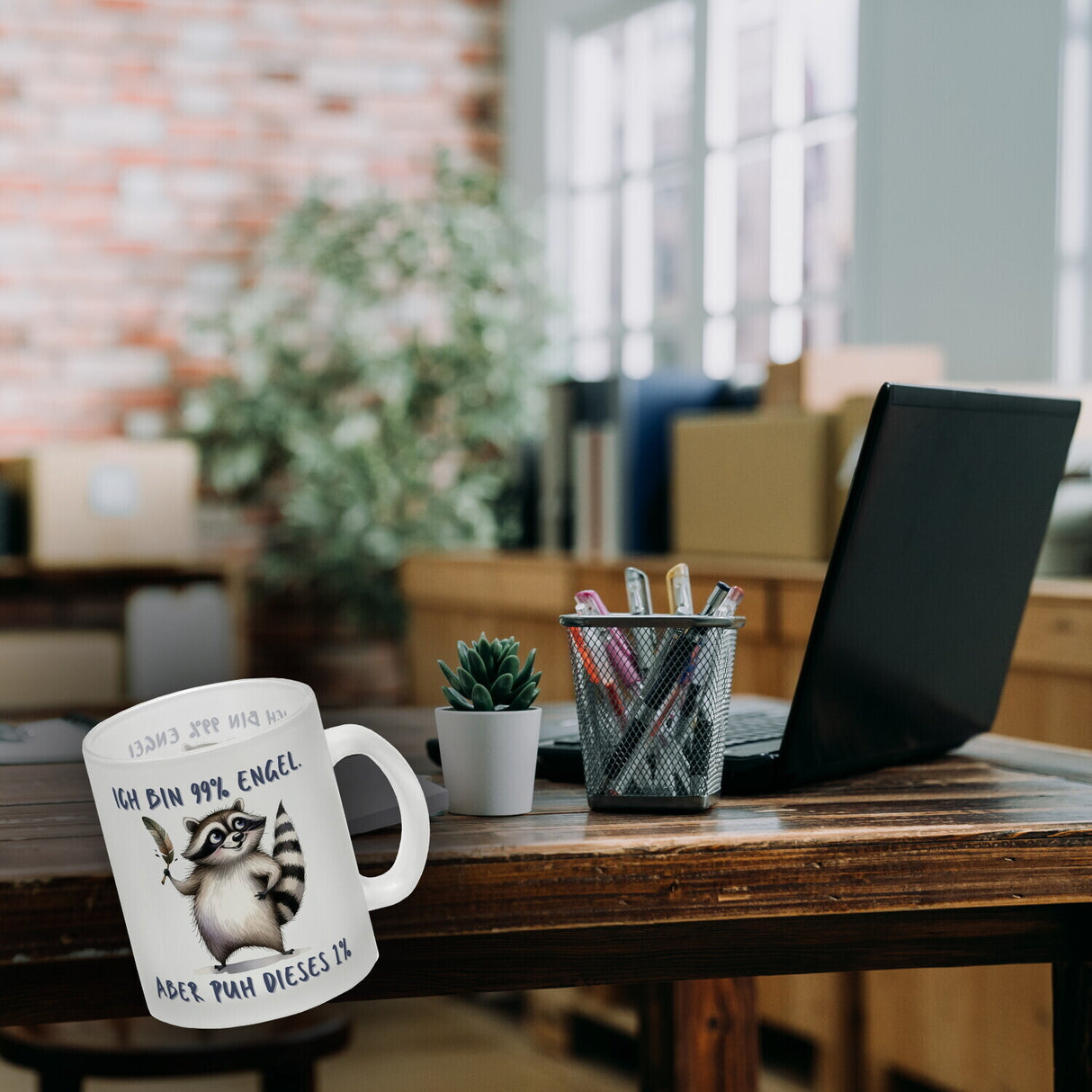 Waschbär Kaffeebecher mit Spruch Ich bin 99% Engel Aber puh dieses 1%