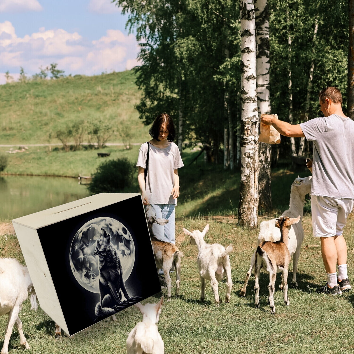 Sitzender Wolf im Mondschein Spardose