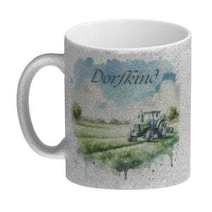Grüner Traktor auf der Wiese Dorfkind Kaffeebecher