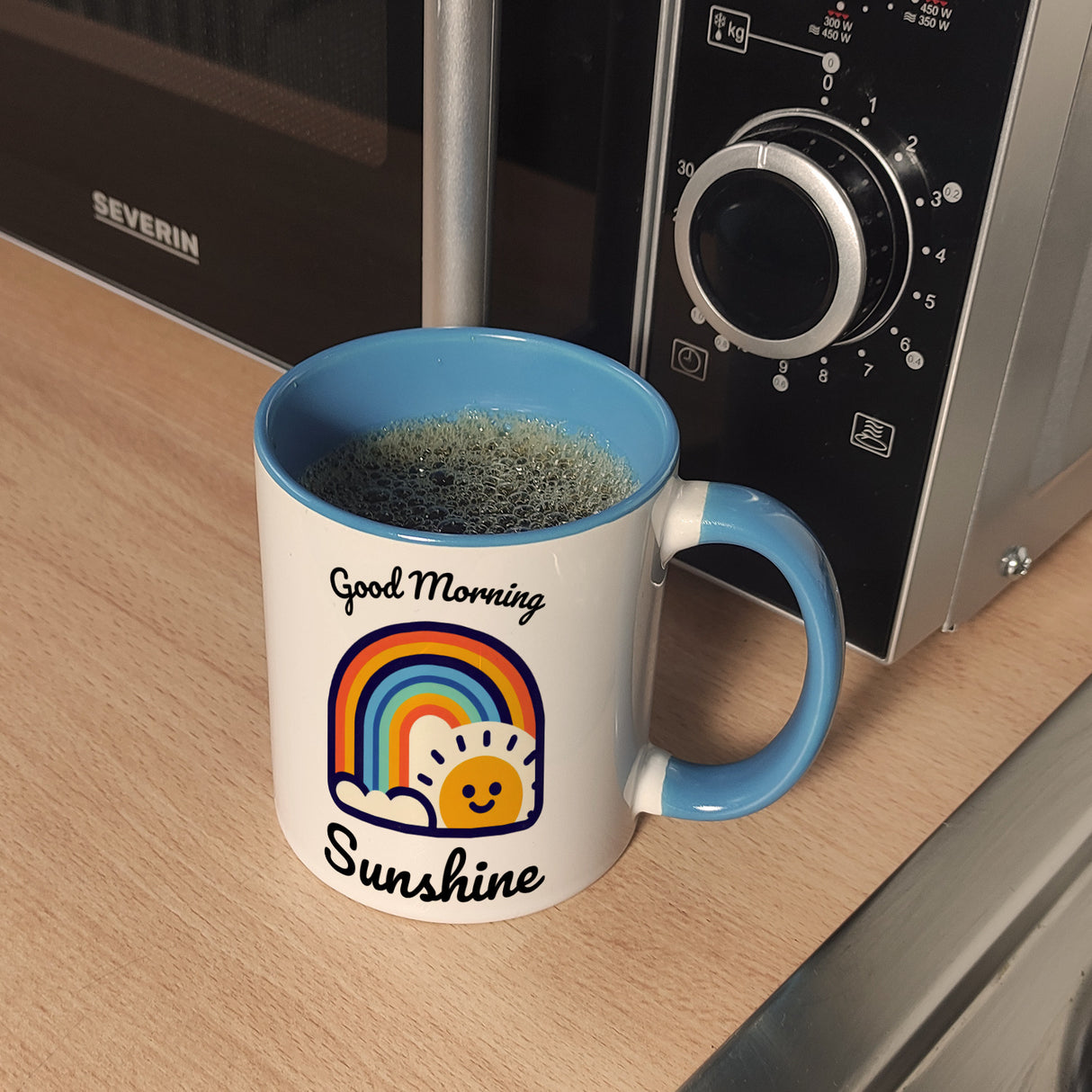 Regenbogen und Sonne Kaffeebecher mit Spruch Good Morning Sunshine