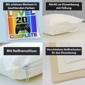 20. Geburtstag Gamer Kissen mit Spruch Level 20 complete