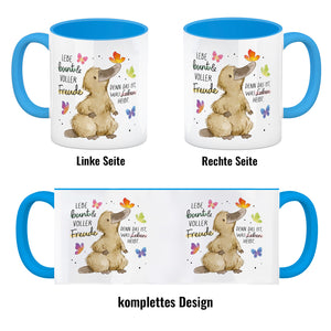 Schnabeltier Kaffeebecher mit Spruch Lebe bunt und freudig