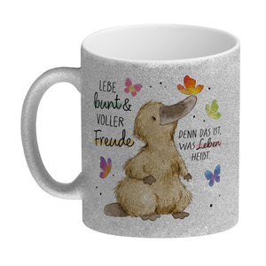 Schnabeltier Kaffeebecher mit Spruch Lebe bunt und freudig