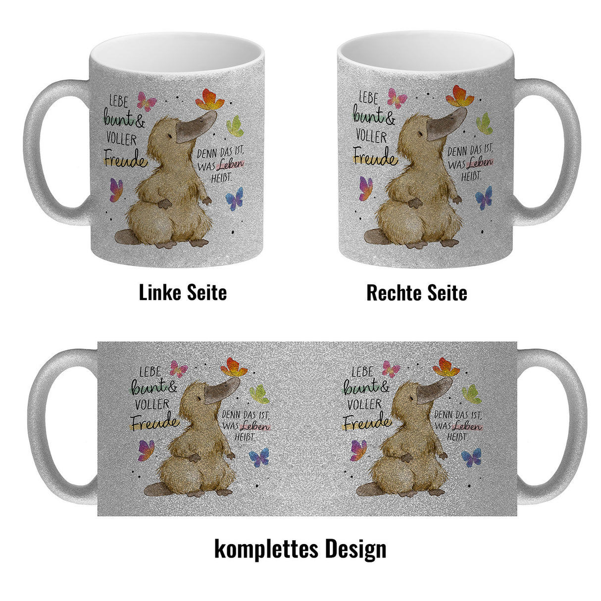Schnabeltier Kaffeebecher mit Spruch Lebe bunt und freudig