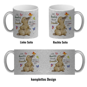 Schnabeltier Kaffeebecher mit Spruch Lebe bunt und freudig