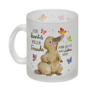 Schnabeltier Kaffeebecher mit Spruch Lebe bunt und freudig