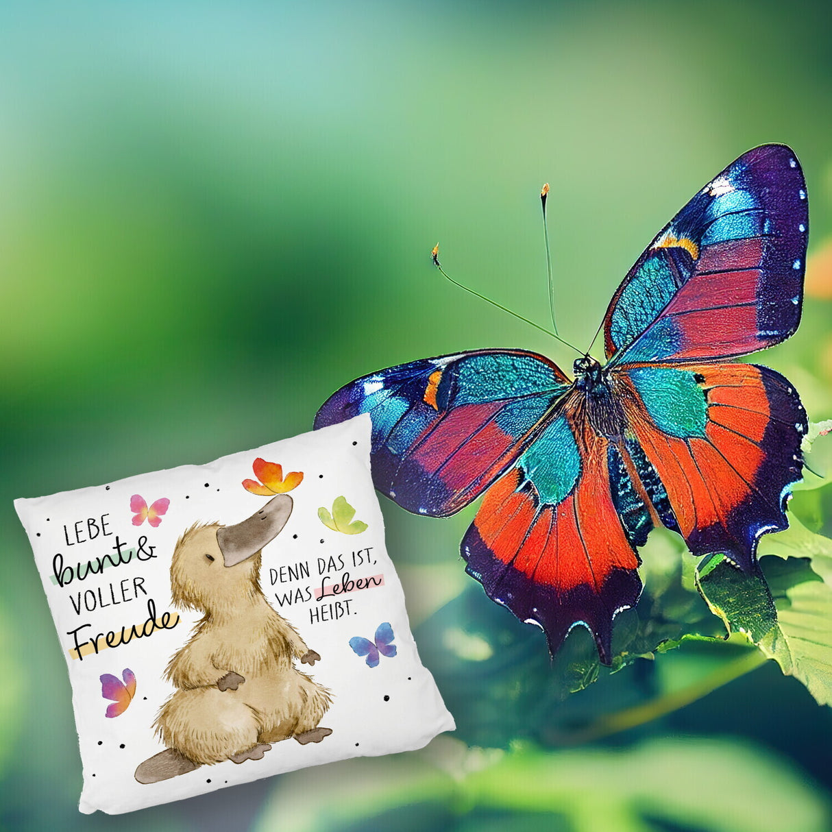 Schnabeltier Kissen mit Spruch Lebe bunt und freudig