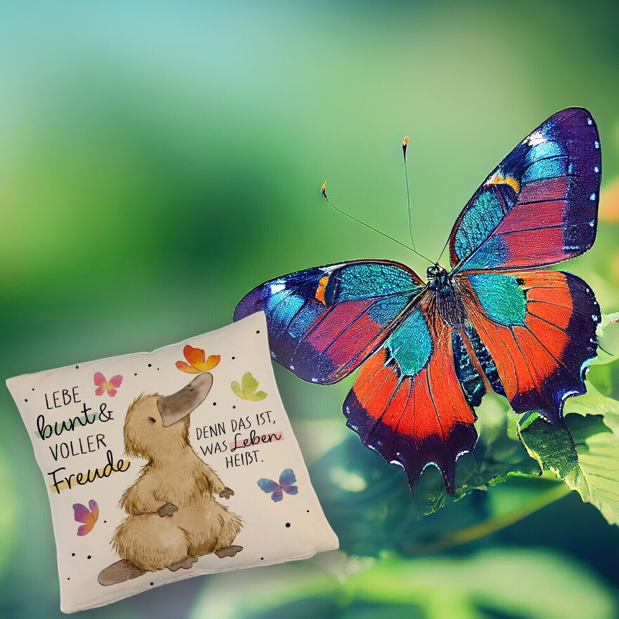 Schnabeltier Kissen mit Spruch Lebe bunt und freudig