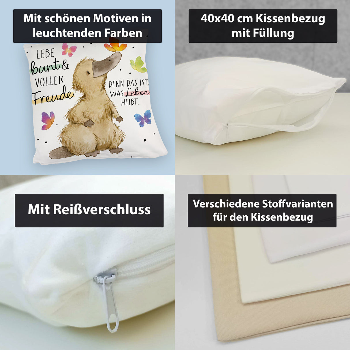 Schnabeltier Kissen mit Spruch Lebe bunt und freudig