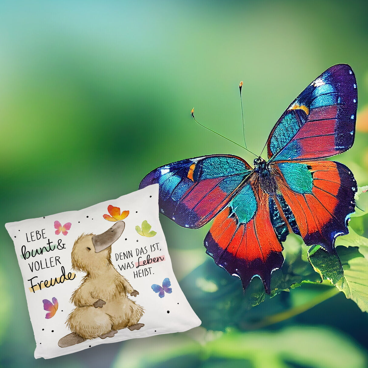 Schnabeltier Kissen mit Spruch Lebe bunt und freudig