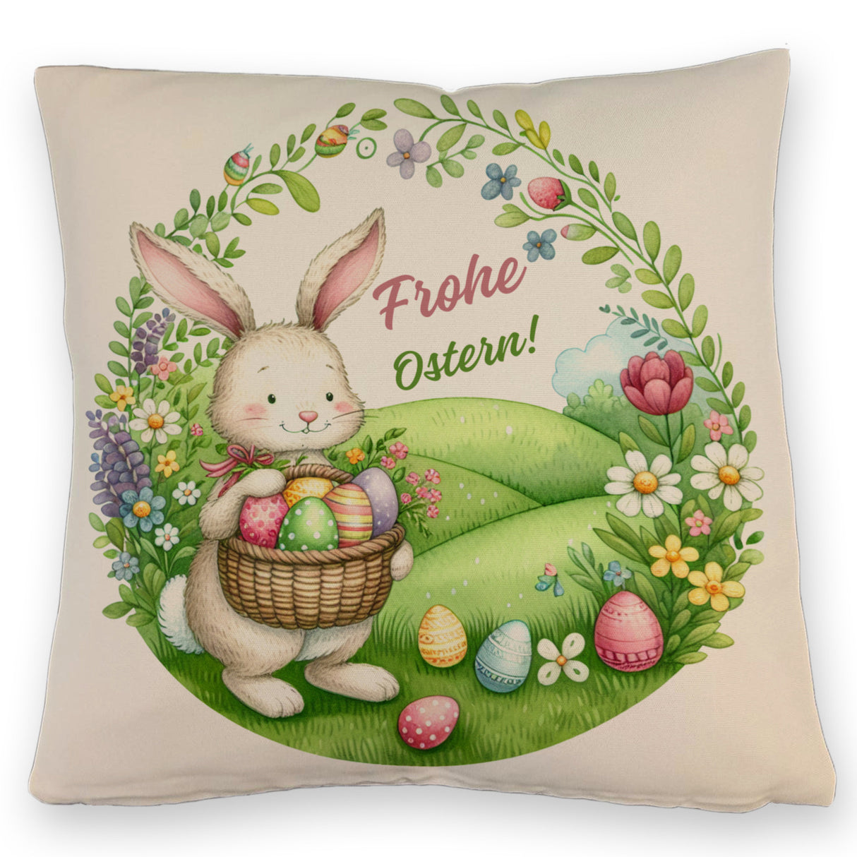 Osterhase Kissen mit Spruch Frohe Ostern