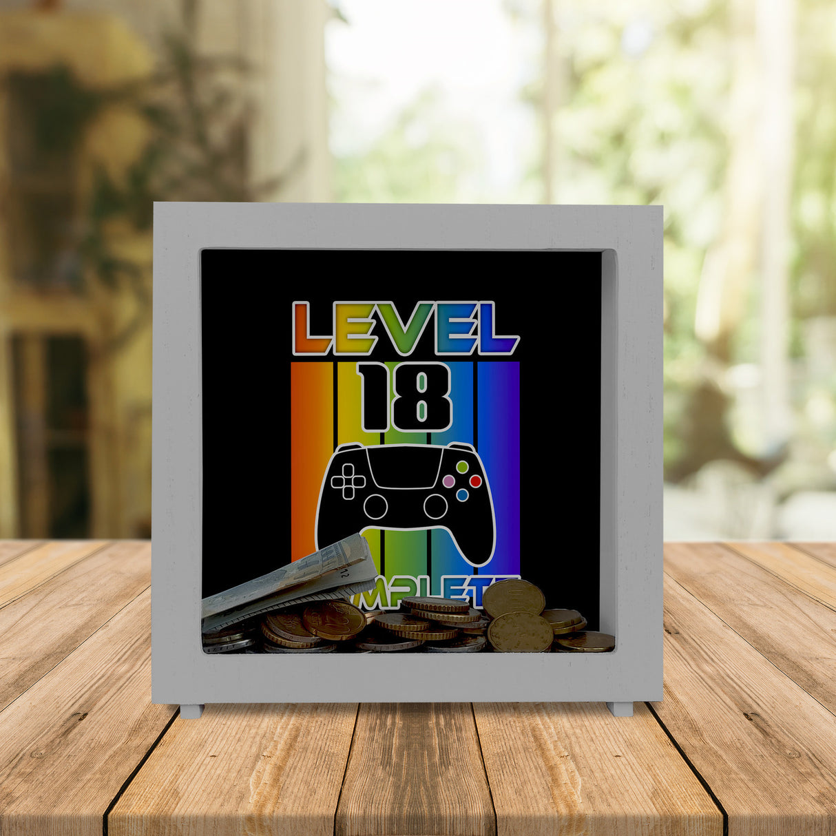 18. Geburtstag Gamer Spardose mit Spruch Level 18 complete