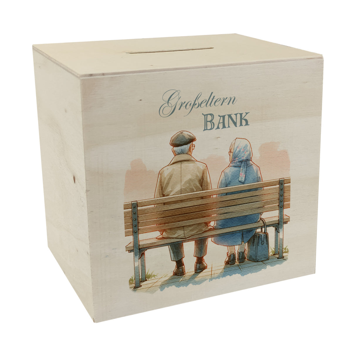 Großeltern auf einer Bank Spardose