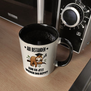 Faultier Abitur Kaffeebecher mit Spruch Abi geschafft zurück ins Bett