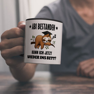 Faultier Abitur Kaffeebecher mit Spruch Abi geschafft zurück ins Bett