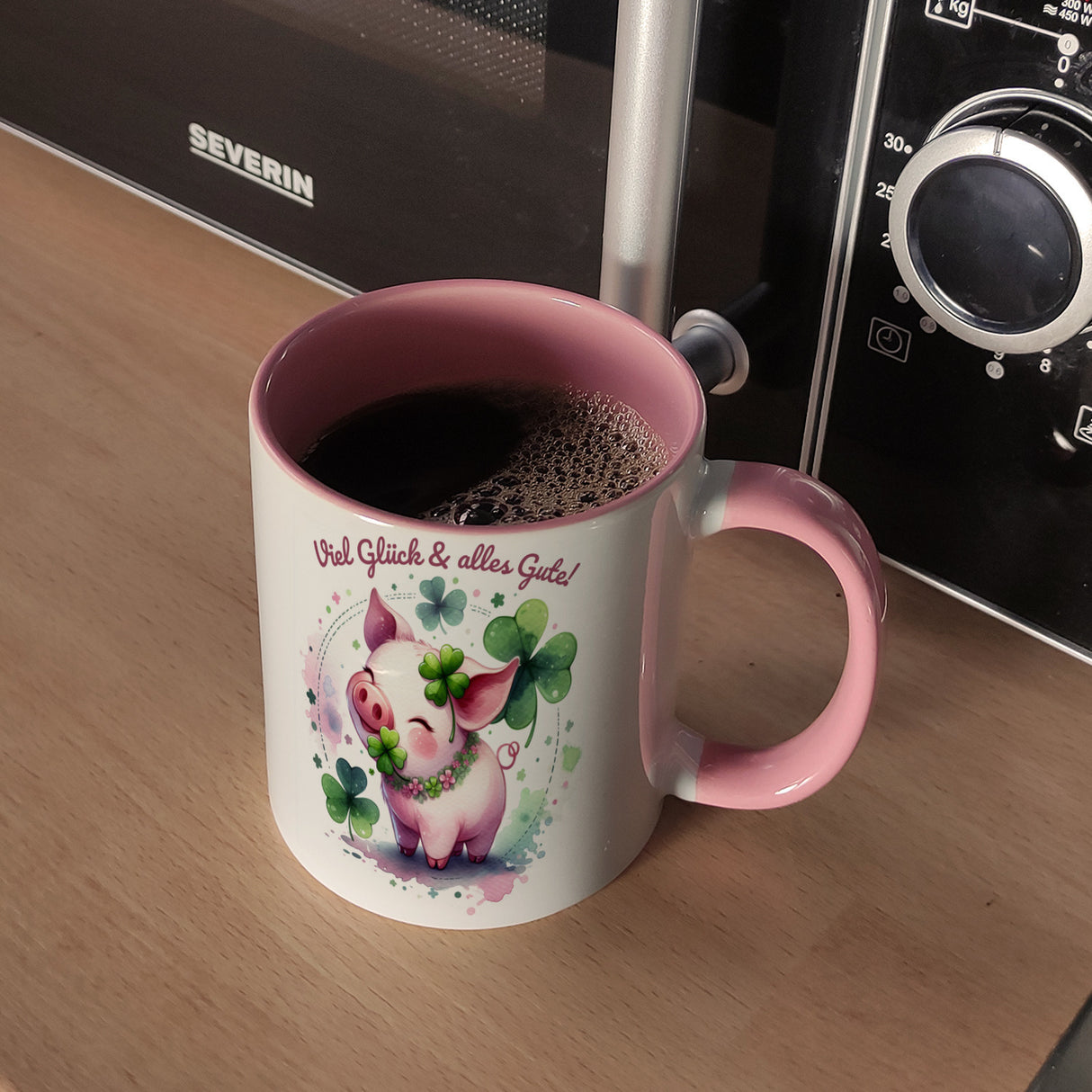 Glücksschwein Kaffeebecher mit Spruch Spruch Viel Glück & alles Gute!