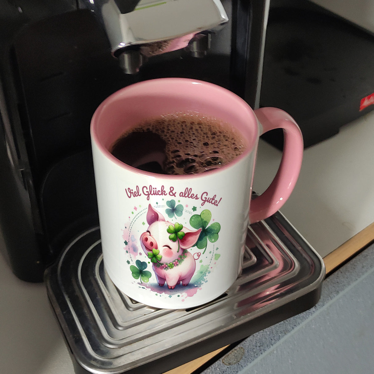Glücksschwein Kaffeebecher mit Spruch Spruch Viel Glück & alles Gute!