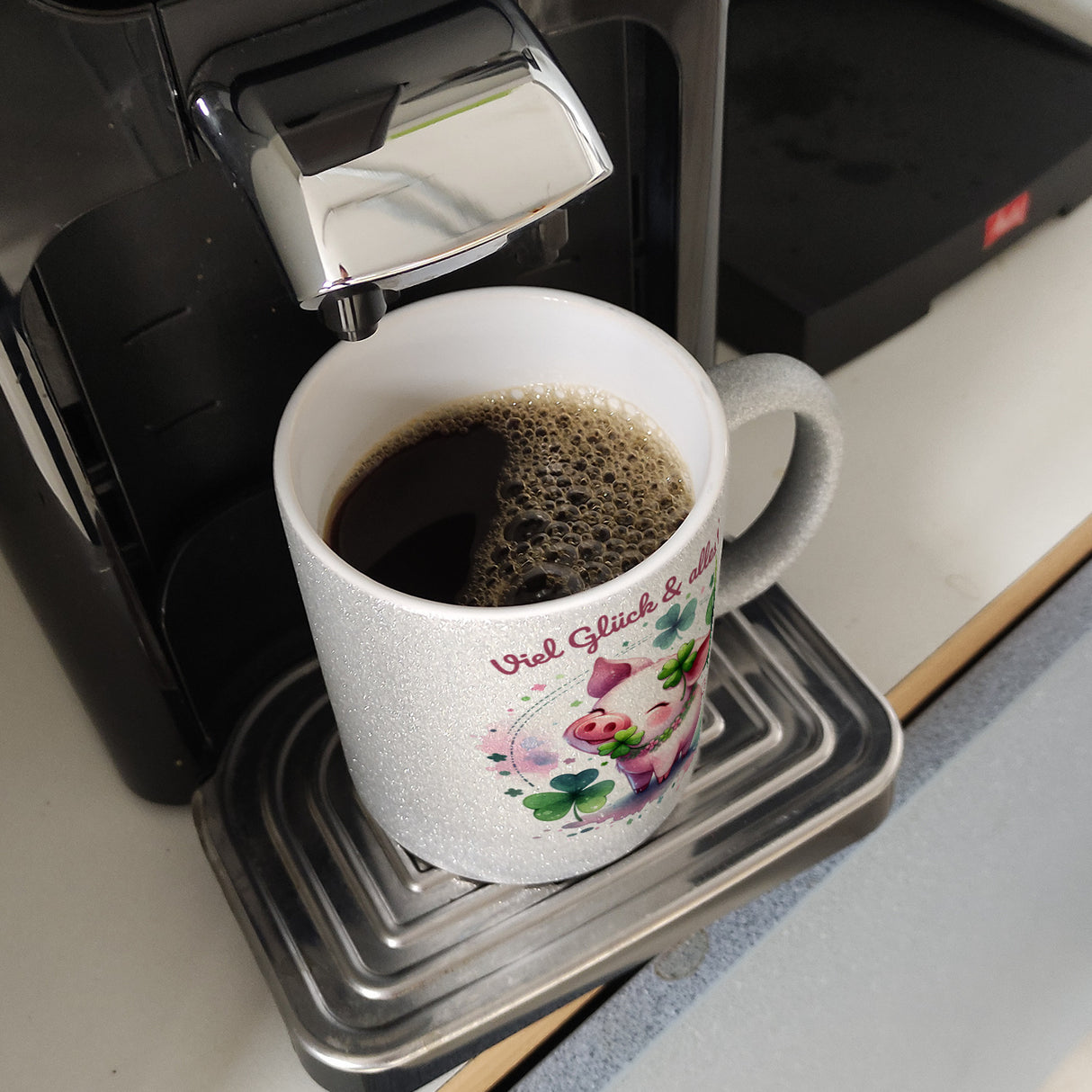 Glücksschwein Kaffeebecher mit Spruch Spruch Viel Glück & alles Gute!