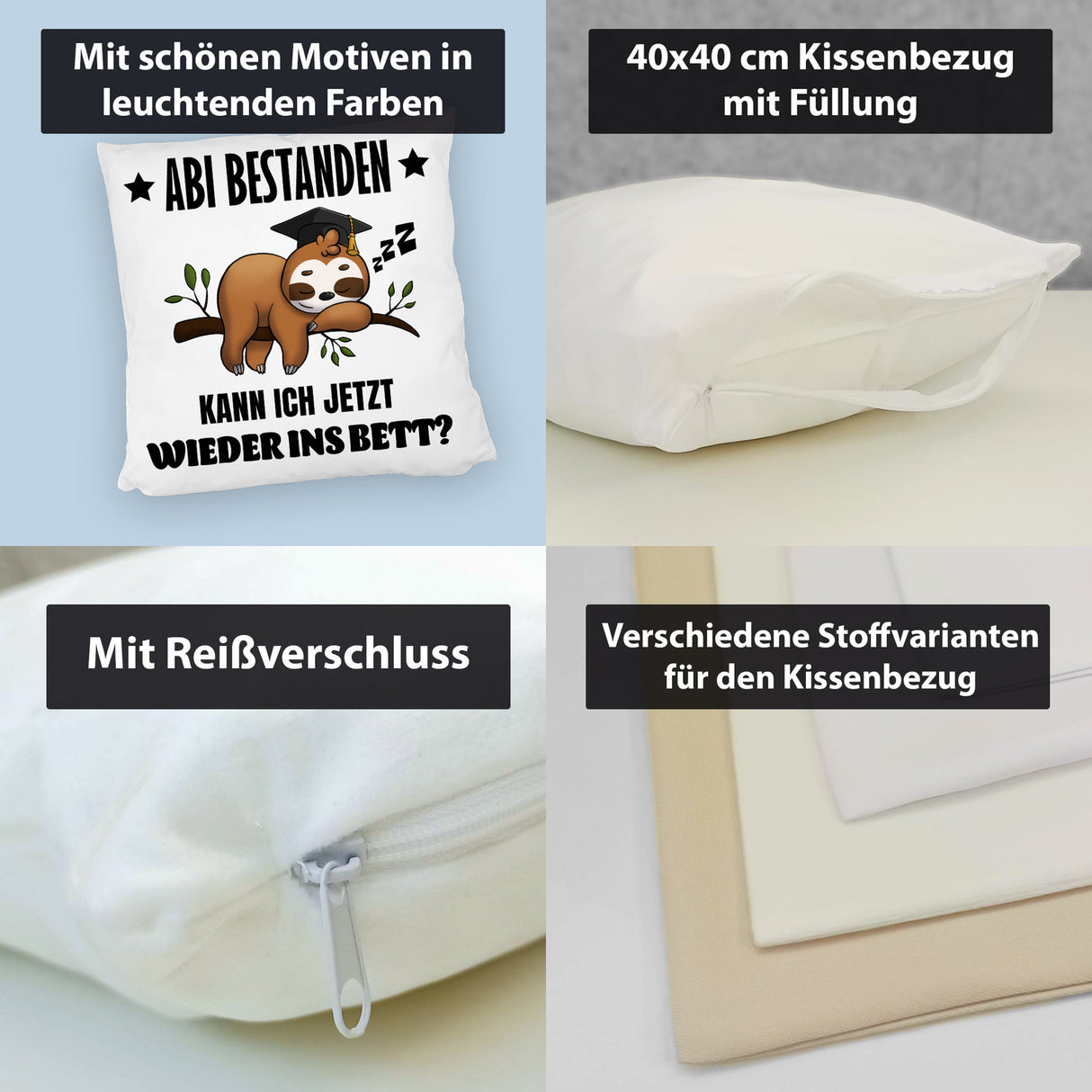 Abi bestanden Faultier Kissen mit Spruch zurück ins Bett