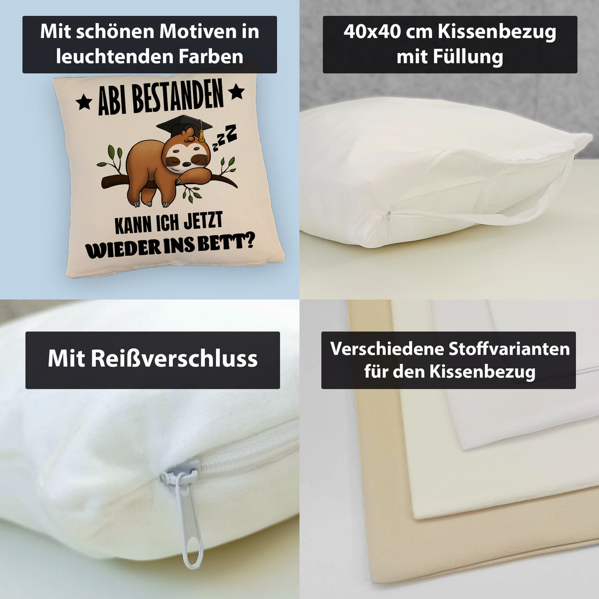 Abi bestanden Faultier Kissen mit Spruch zurück ins Bett