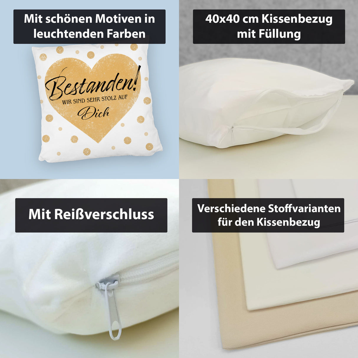 Bestanden Kissen mit Spruch Wir sind sehr stolz auf Dich