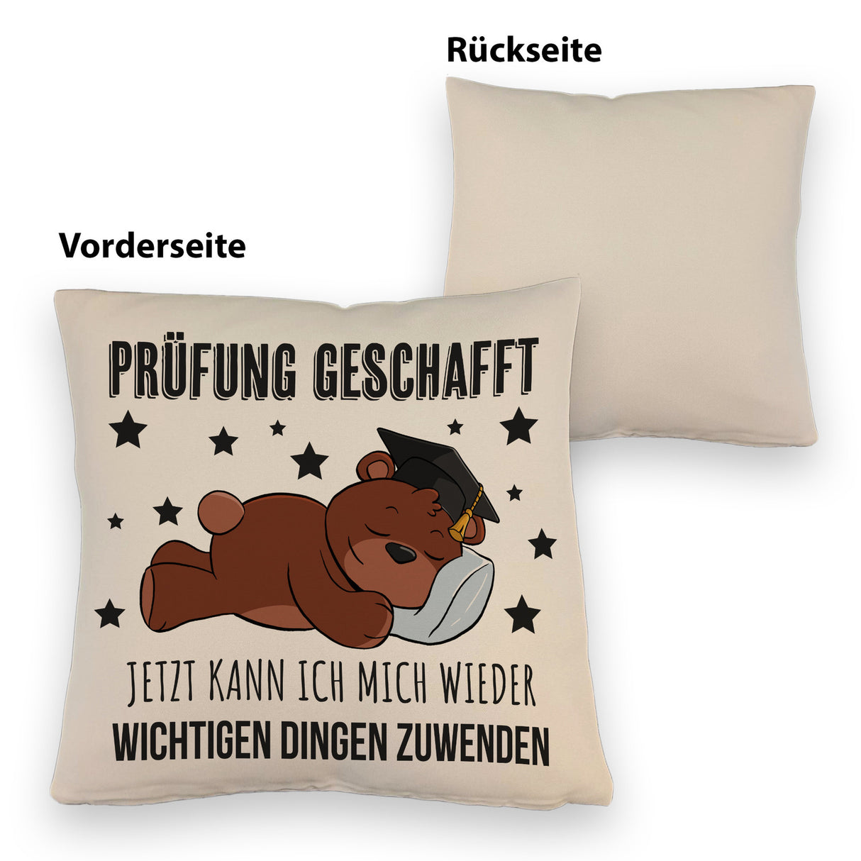 Schlafender Bär mit Doktorhut Kissen mit Spruch Prüfung bestanden