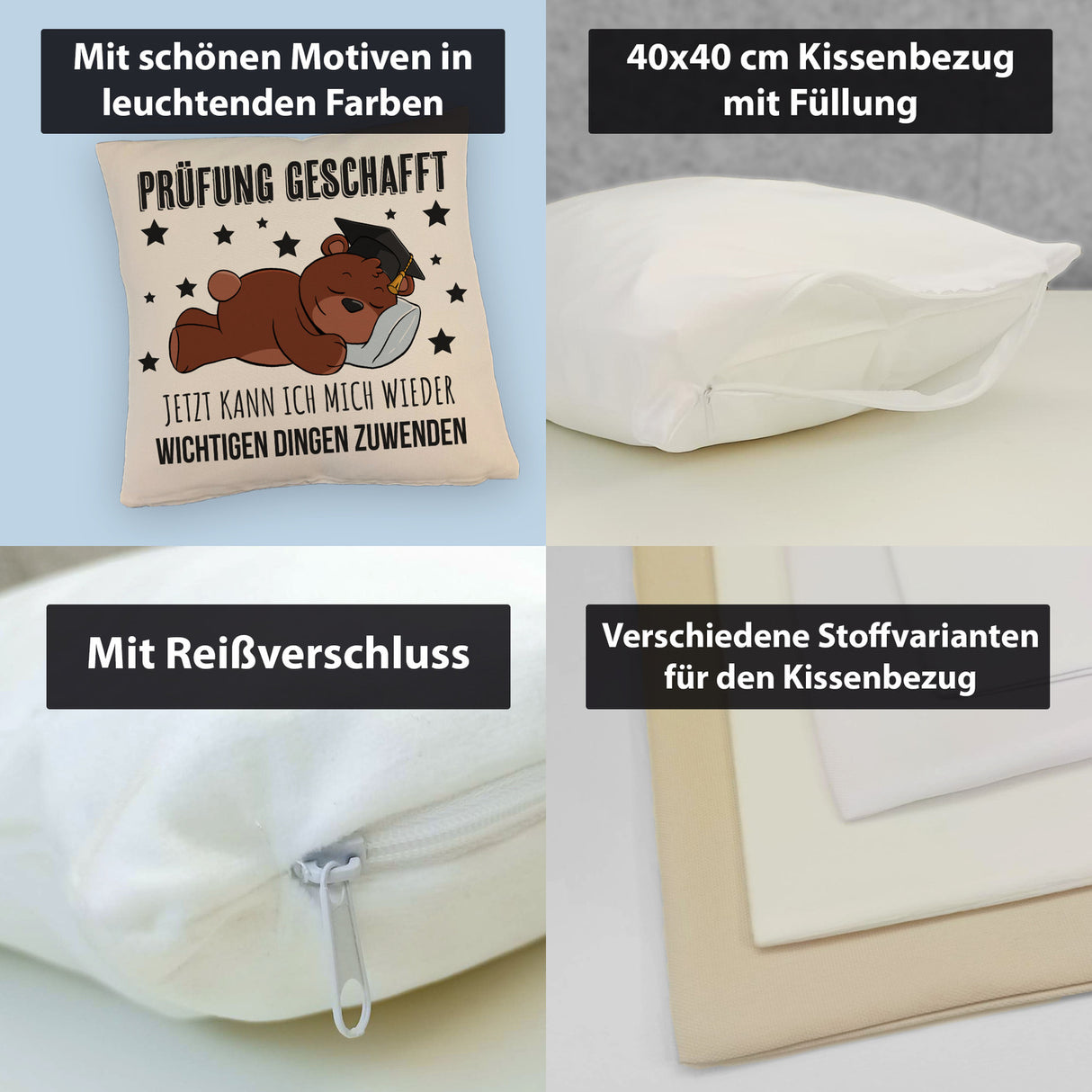 Schlafender Bär mit Doktorhut Kissen mit Spruch Prüfung bestanden