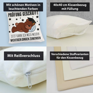 Schlafender Bär mit Doktorhut Kissen mit Spruch Prüfung bestanden