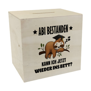 Abi bestanden Faultier Spardose mit Spruch zurück ins Bett