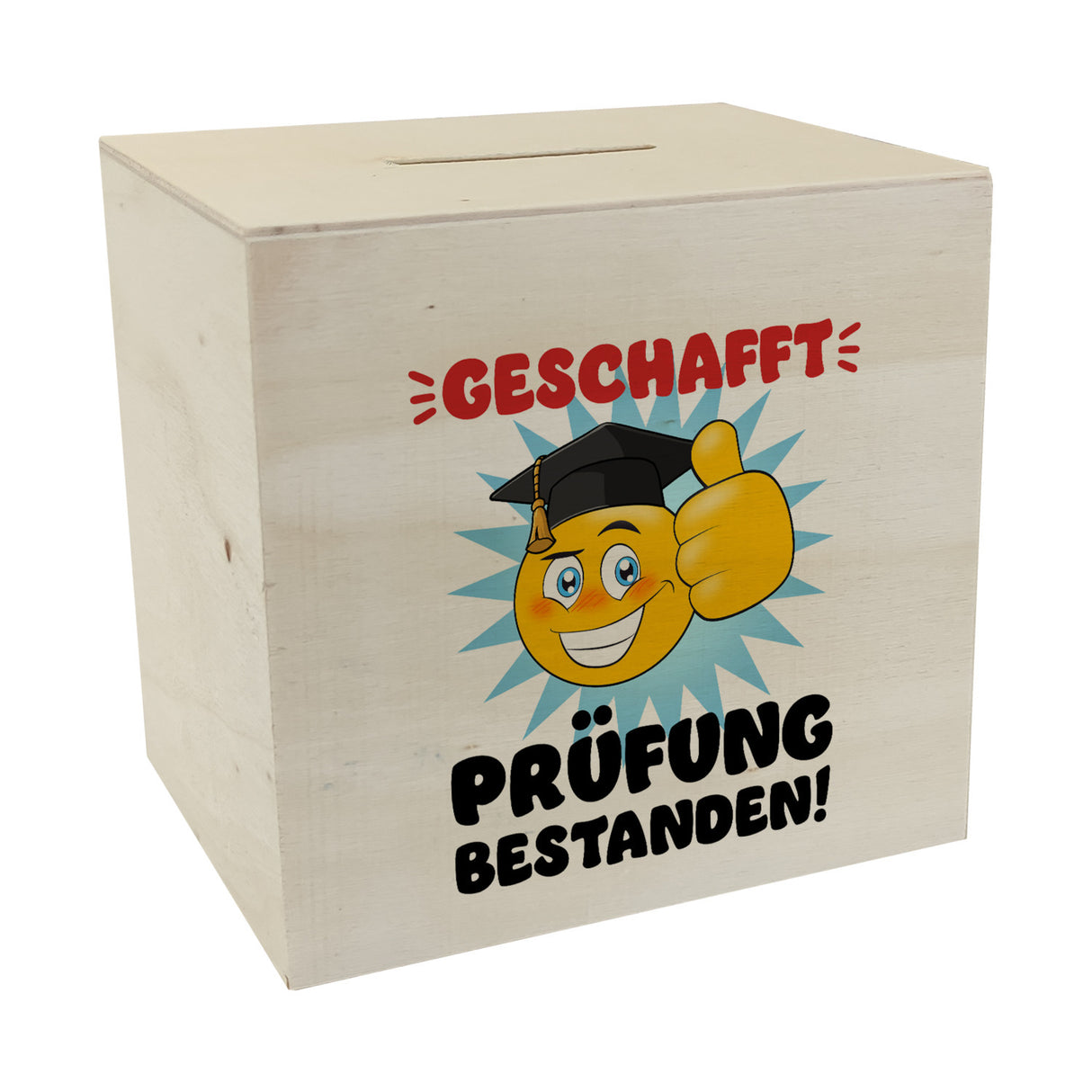 Prüfung bestanden Spardose mit Gesicht und Daumen hoch