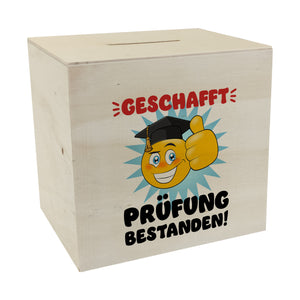 Prüfung bestanden Spardose mit Gesicht und Daumen hoch