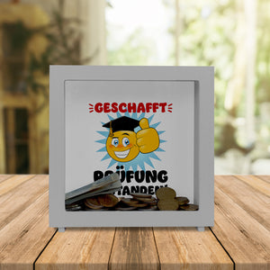 Prüfung bestanden Spardose mit Gesicht und Daumen hoch