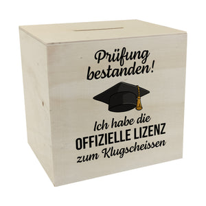 Prüfung bestanden Doktorhut Spardose mit Spruch Lizenz zum Klugscheißen