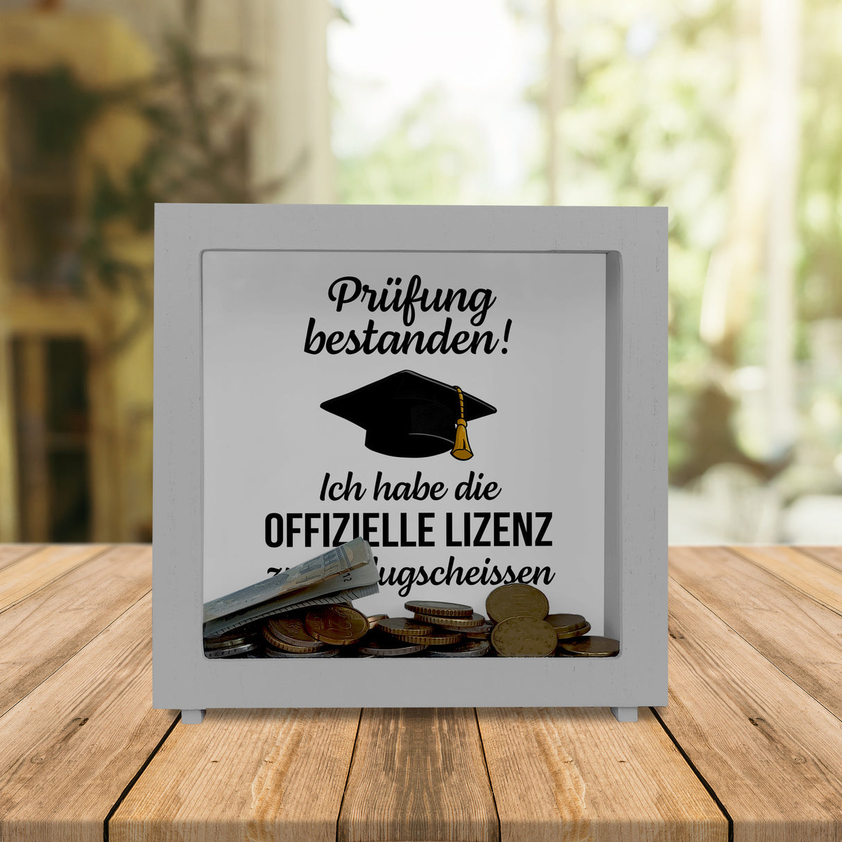Prüfung bestanden Doktorhut Spardose mit Spruch Lizenz zum Klugscheißen